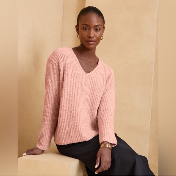 NWT EILEEN FISHER Organic Cotton V-Neck Sweater Color Powder Sz L - Picture 2 of 8